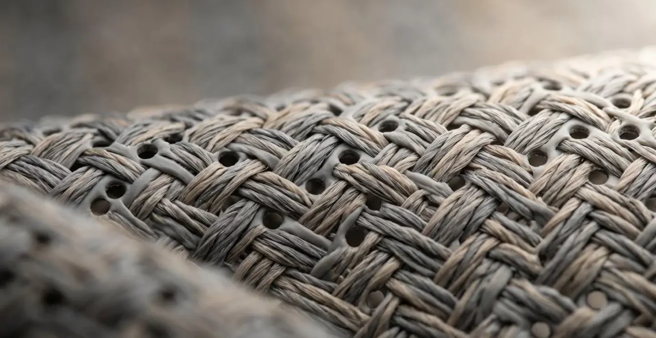 Gros plan sur la texture d'une toile technique de protection solaire micro-perforée haute performance