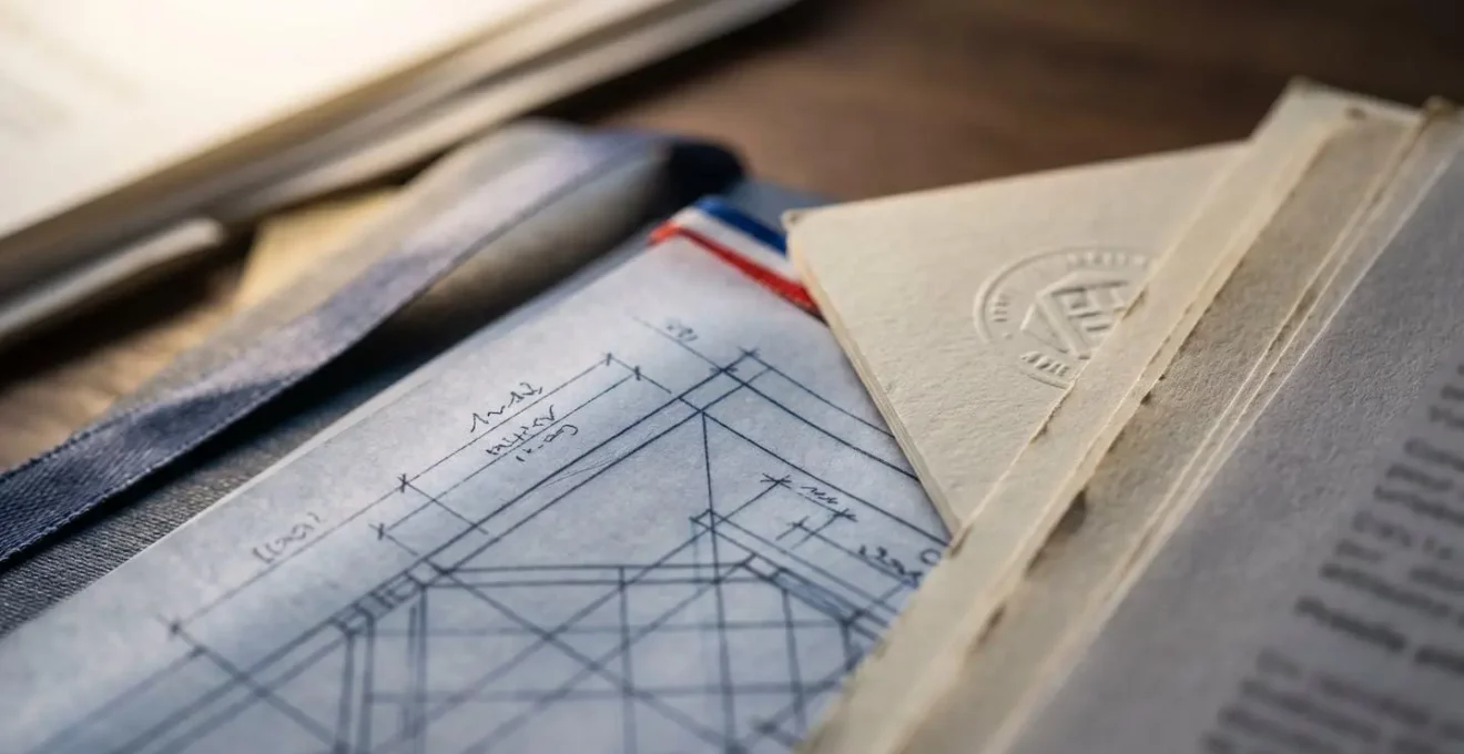 Vue macro sur des plans architecturaux et documents administratifs d'urbanisme pour une déclaration préalable de travaux