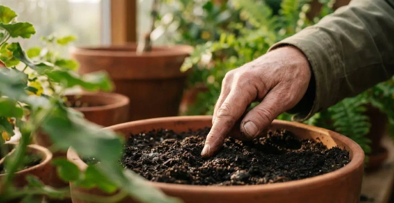 Main effectuant le test du doigt dans le terreau d'une plante d'interieur pour verifier l'humidite