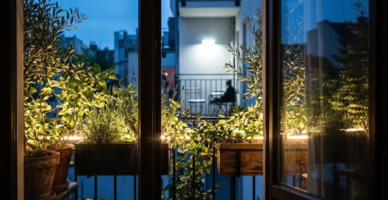Balcon français à la tombée de la nuit avec éclairage LED indirect doux créant une ambiance intime et protégée des regards