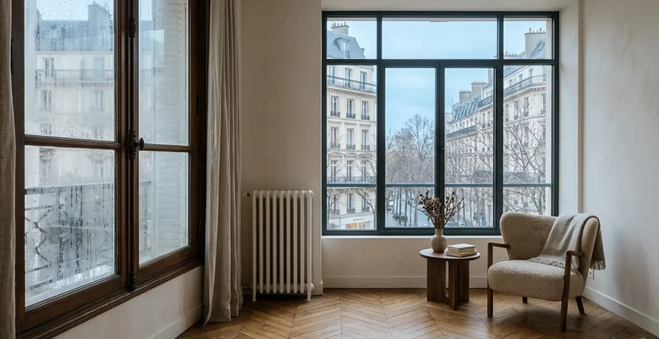 Vue rapprochée d'une fenêtre moderne avec détail technique de l'isolation thermique dans un intérieur contemporain français