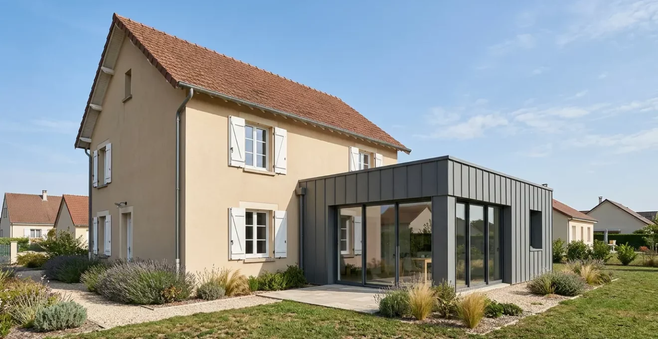 Maison moderne avec extension contemporaine vitrée agrandissant l'espace de vie, vue d'ensemble architecturale en France