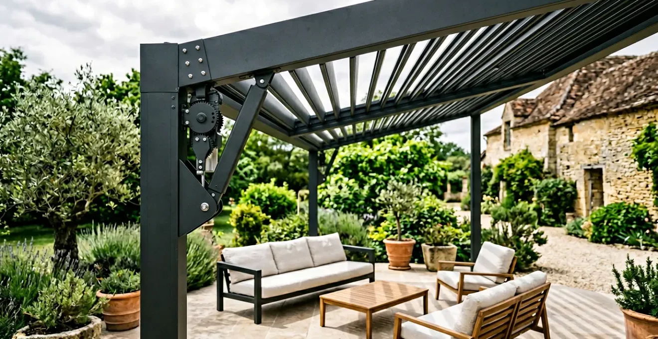 Installation professionnelle de pergola bioclimatique moderne sur terrasse avec motorisation intelligente
