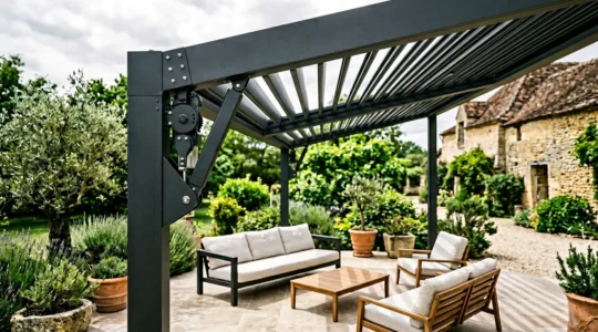 Installation professionnelle de pergola bioclimatique moderne sur terrasse avec motorisation intelligente