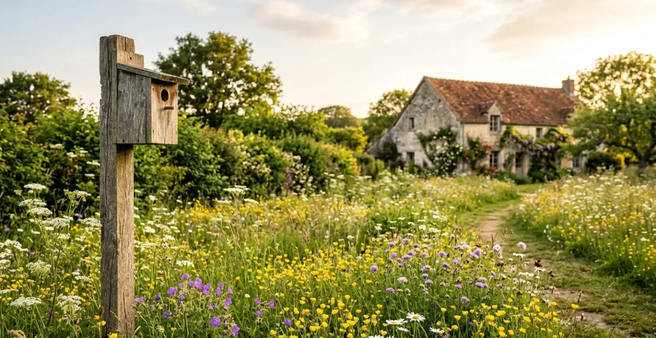 Un jardin naturel accueillant avec une prairie fleurie, des nichoirs et une haie diversifiée, refuge pour les pollinisateurs et la faune sauvage