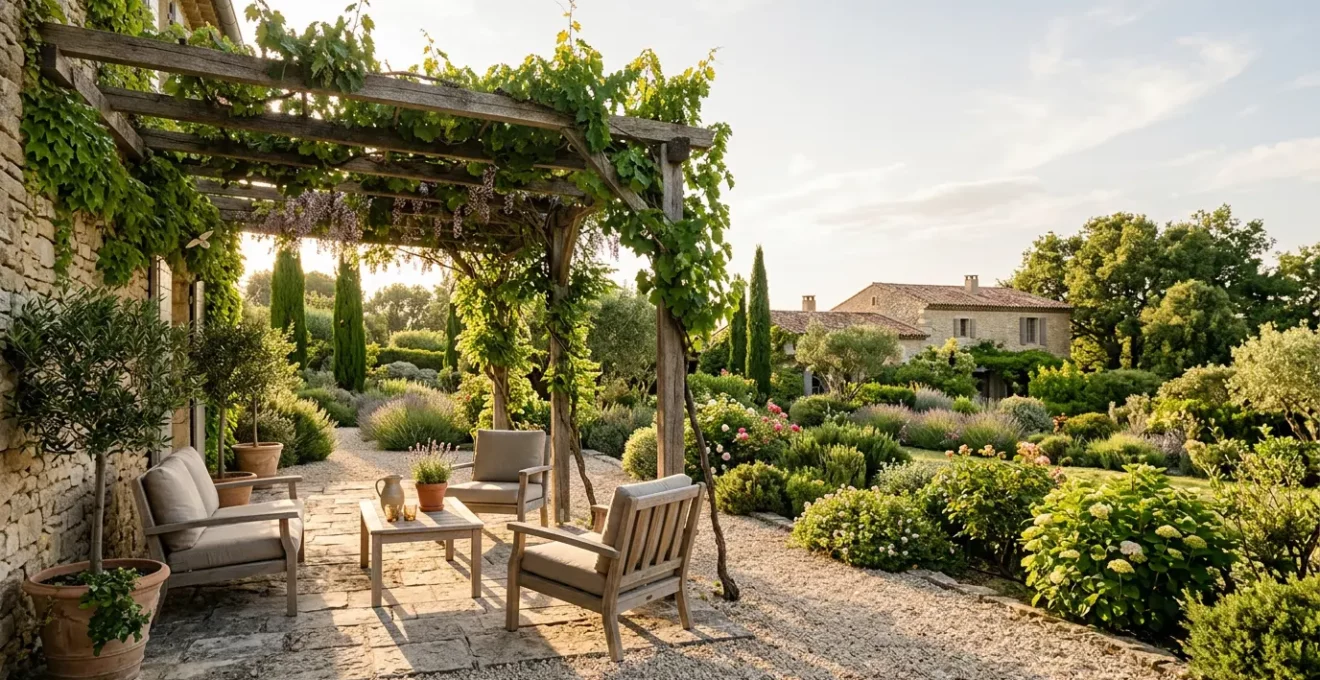Terrasse de jardin française avec zones ensoleillées et ombragées créant un équilibre thermique naturel