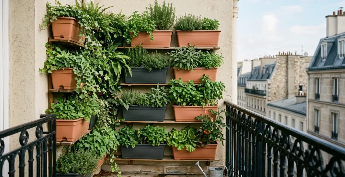 Jardin vertical luxuriant sur un balcon urbain avec multiples jardinières et plantes