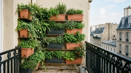 Jardin vertical luxuriant sur un balcon urbain avec multiples jardinières et plantes