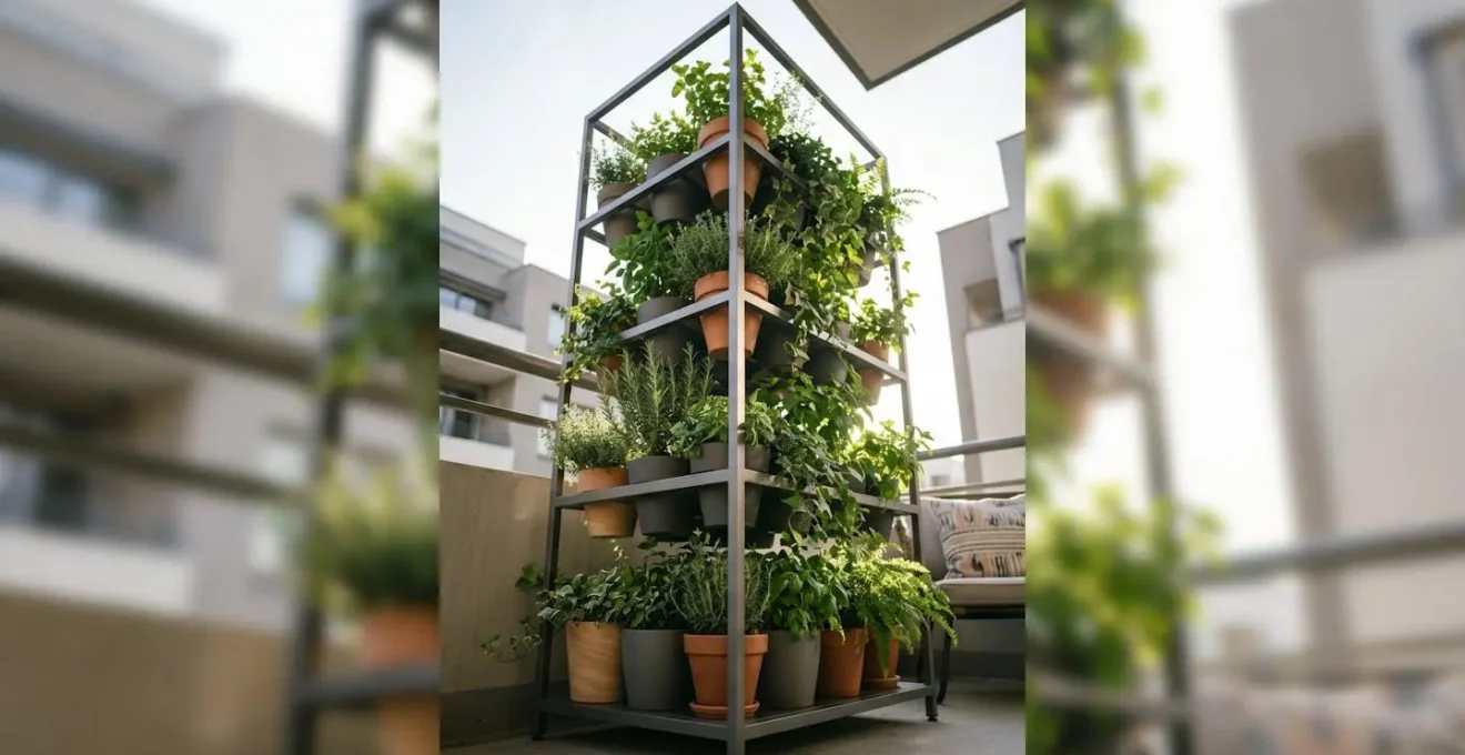 Concept visuel de jardinage vertical avec structure étagée et végétation luxuriante sur balcon