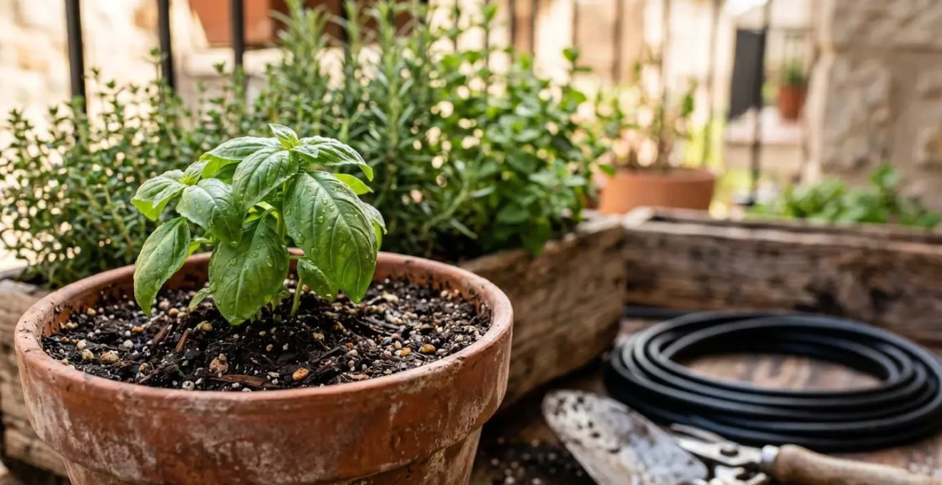 Éléments d'aménagement pour balcon avec plantes, jardinières et système d'arrosage pour investissement locatif