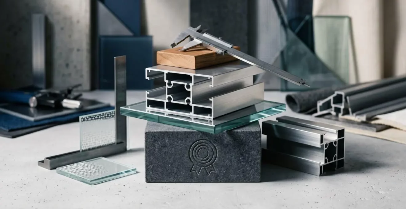 Composition symbolique évoquant la certification qualité avec des éléments architecturaux et matériaux de construction haut de gamme