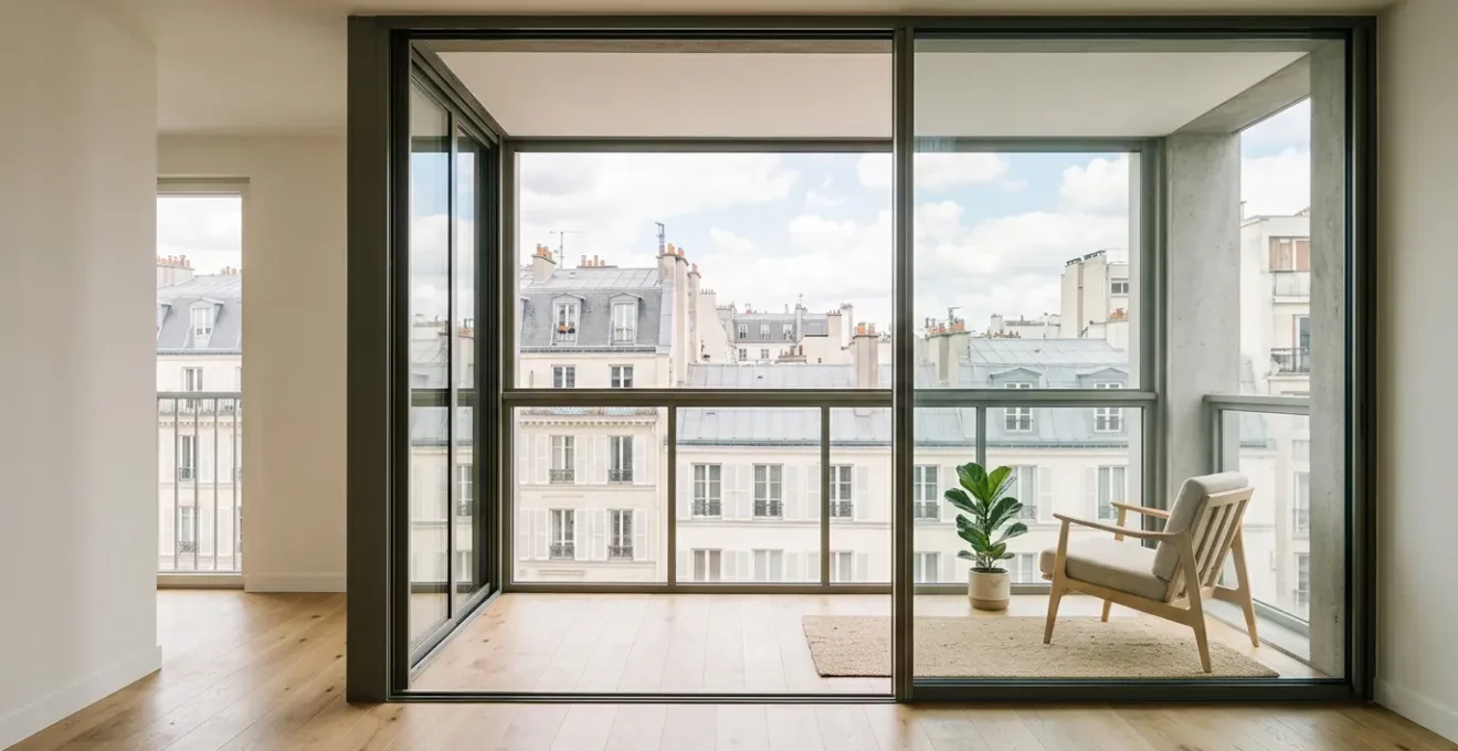 Vue intérieure d'une loggia fermée avec vitrage panoramique offrant une perspective dégagée sur un paysage urbain français