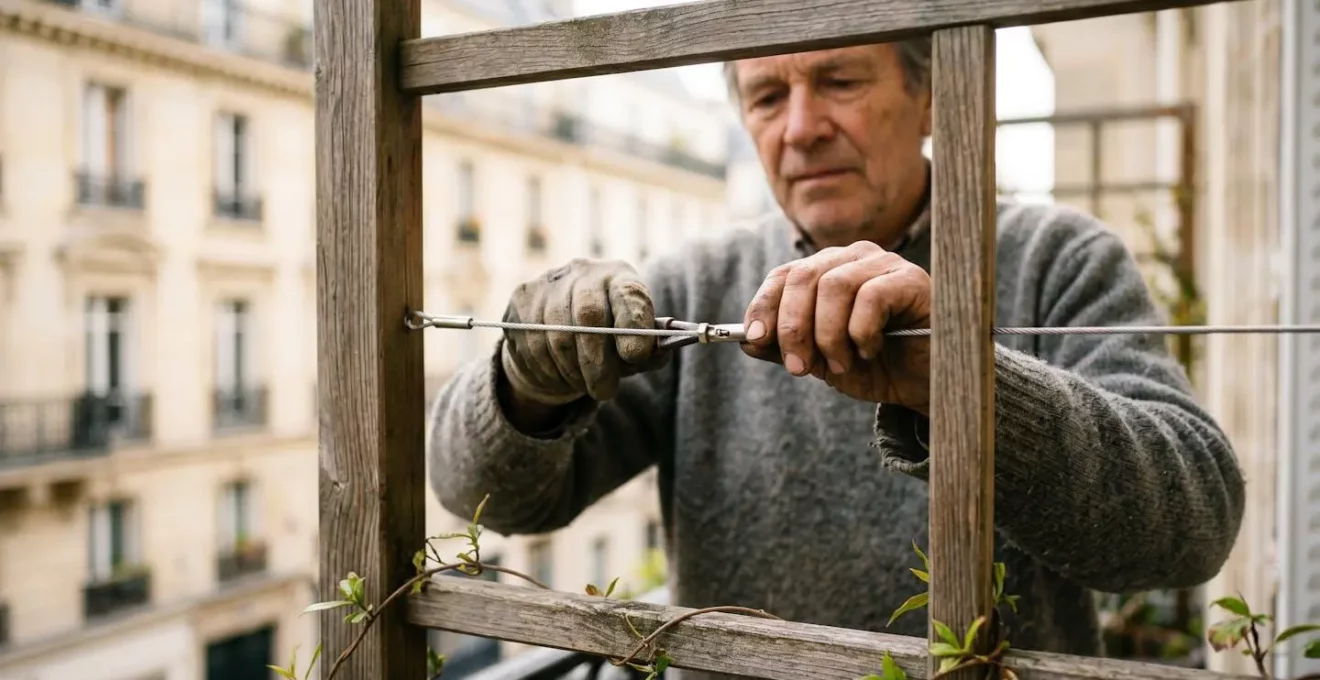 Vue rapprochée des mains d'un jardinier installant un système de câbles pour culture verticale