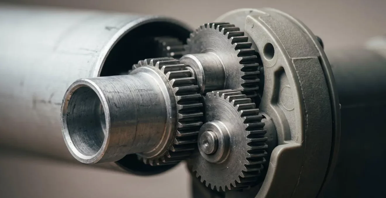 Gros plan macro sur le mécanisme d'un moteur de store électrique montrant les détails techniques