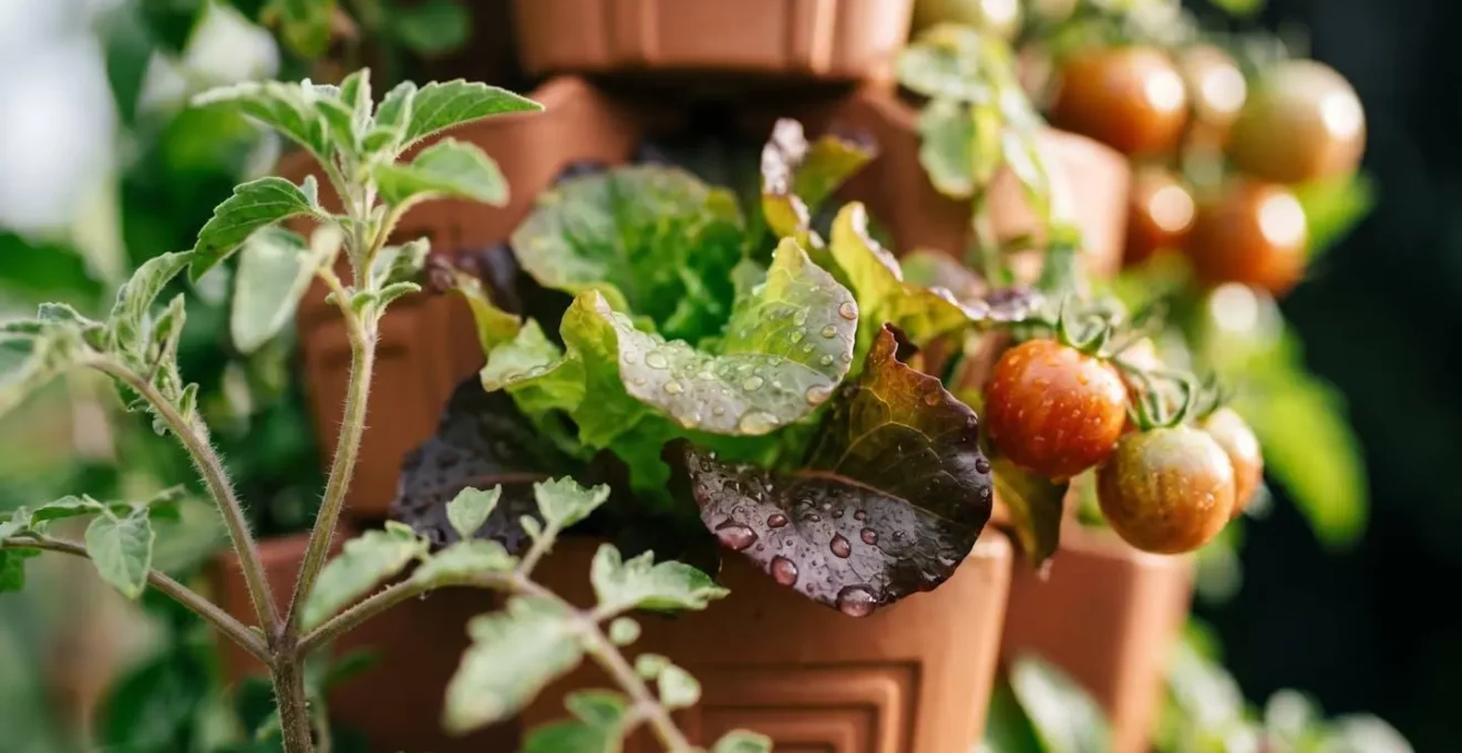 Gros plan macro sur les différents étages d'une structure de culture verticale montrant la diversité des plantes