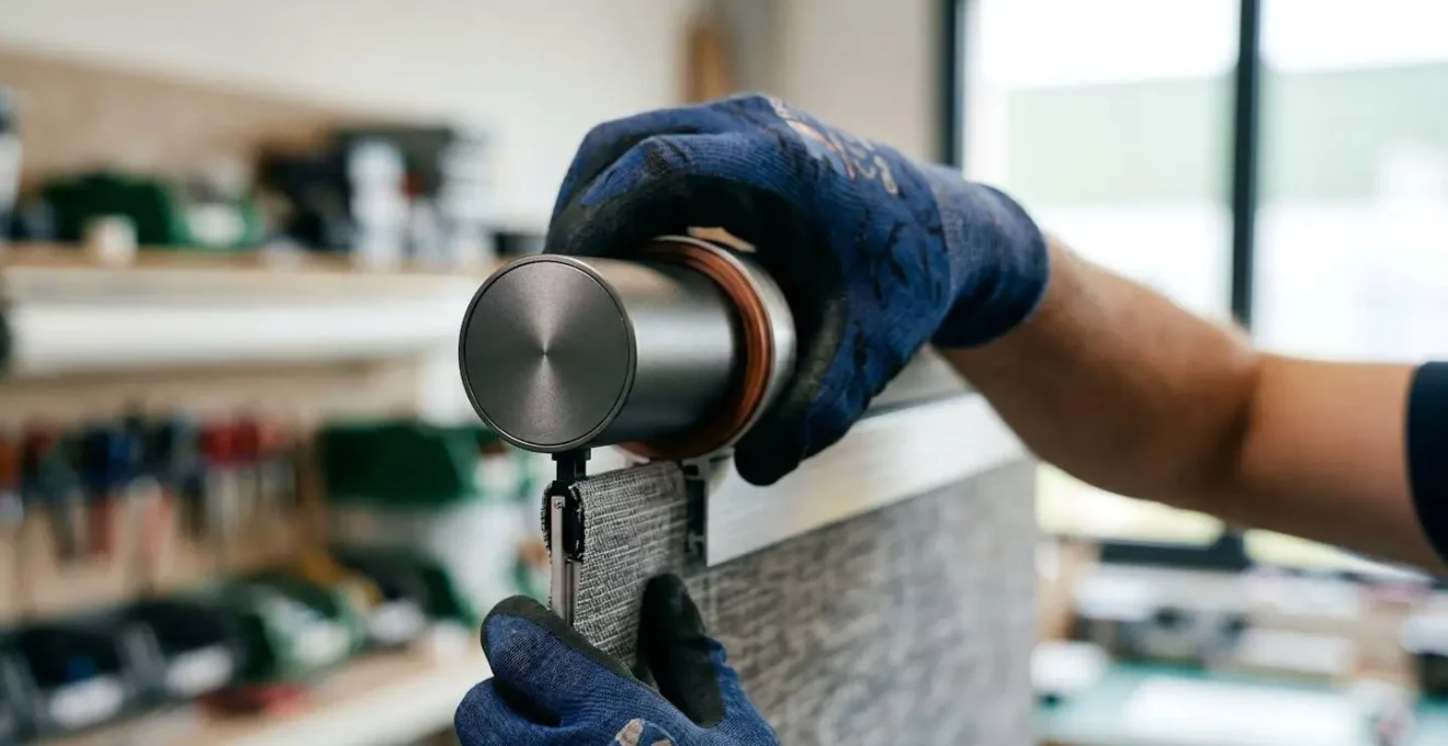 Gros plan sur le moteur tubulaire d'un store vertical ZIP pendant l'installation, mains d'installateur professionnel français en action