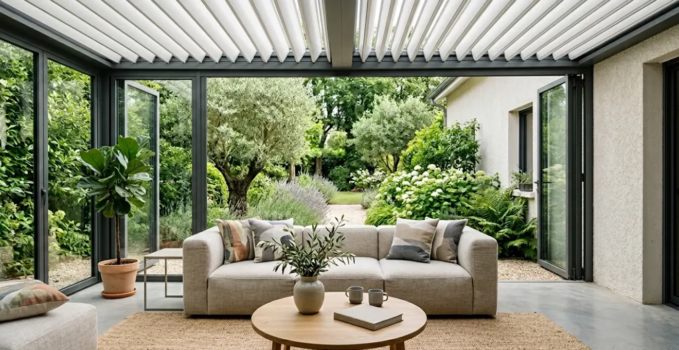 Pergola bioclimatique fermée transformée en pièce à vivre confortable avec mobilier élégant et lumière naturelle filtrée