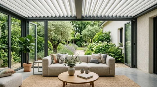 Pergola bioclimatique fermée transformée en pièce à vivre confortable avec mobilier élégant et lumière naturelle filtrée