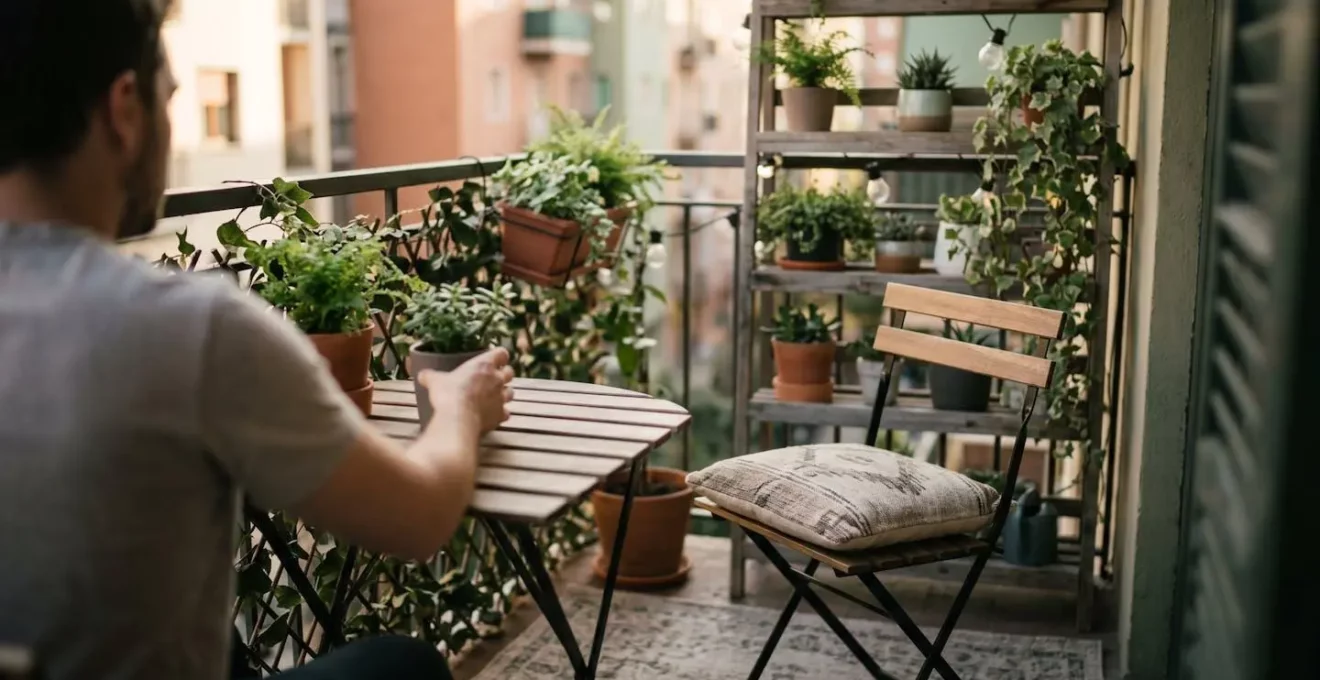 Petit balcon de 3 mètres carrés optimisé avec mobilier transformable et solutions verticales