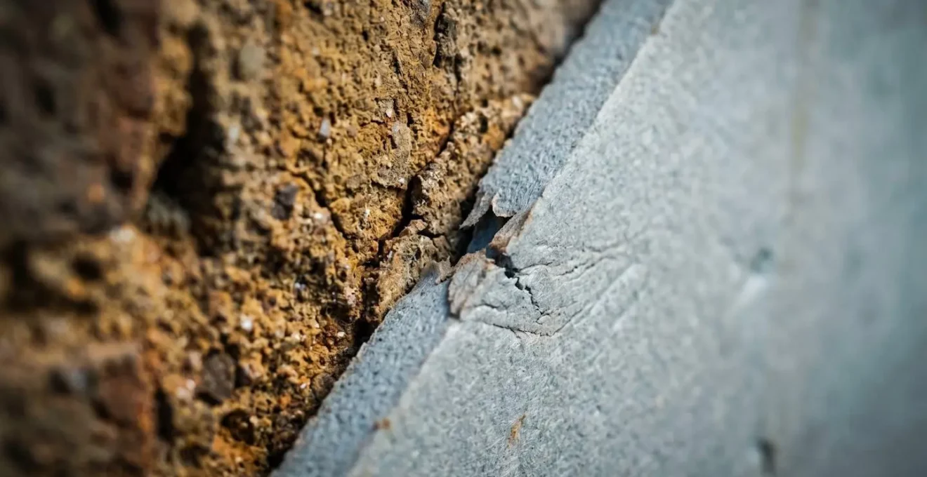 Détail macro d'un pont thermique à la jonction entre une extension moderne et un mur ancien, visualisation des déperditions énergétiques