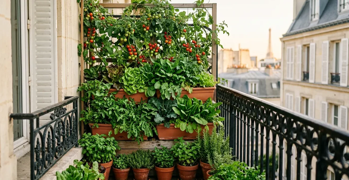 Potager vertical luxuriant sur un balcon français avec tomates cerises et herbes aromatiques