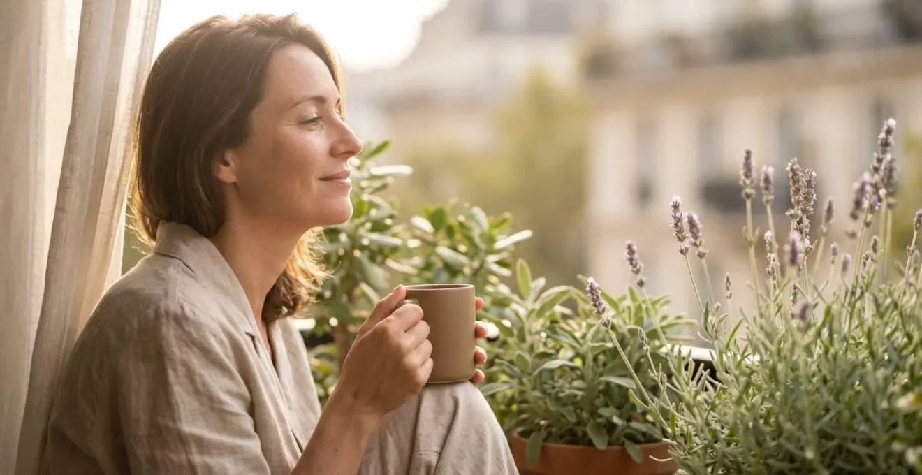 Femme française profitant d'un moment de pause matinale sur son balcon végétalisé avec une tasse de café, baignée de lumière naturelle douce