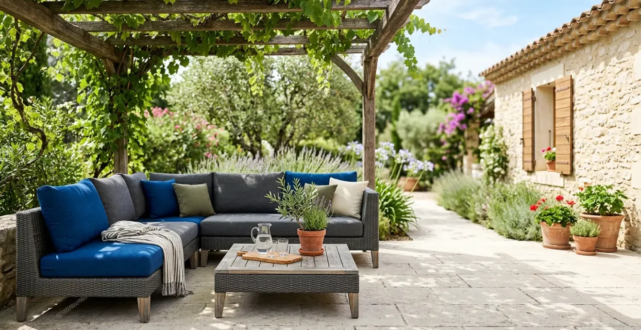 Salon de jardin moderne en résine tressée sur terrasse ensoleillée avec protection naturelle