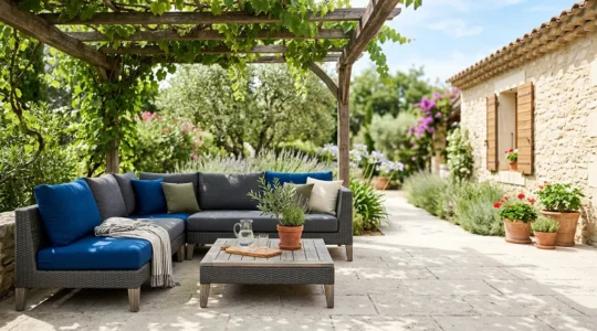 Salon de jardin moderne en résine tressée sur terrasse ensoleillée avec protection naturelle