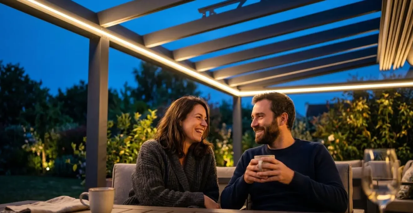 Éclairage LED intégré dans une pergola créant une ambiance chaleureuse pour une soirée conviviale