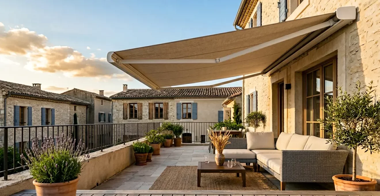 Store banne électrique moderne déployé sur terrasse française au soleil