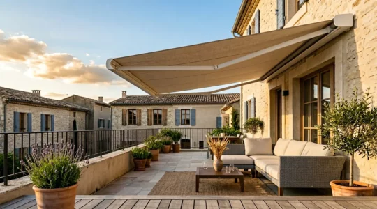 Store banne électrique moderne déployé sur terrasse française au soleil