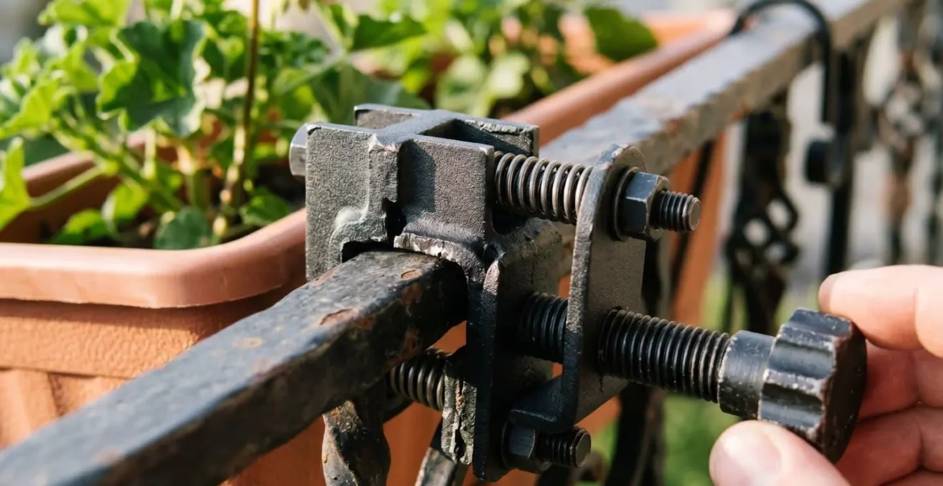 Système de fixation autoportant pour jardinières de balcon sans perçage