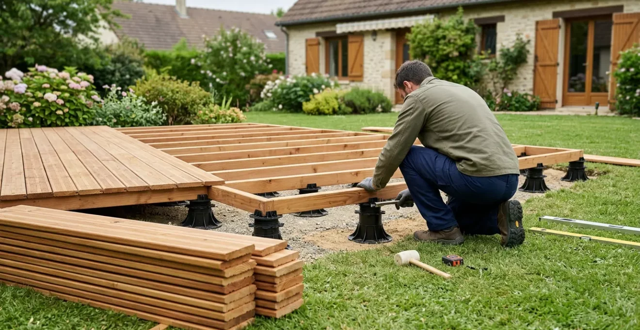 Terrasse en bois sur plots réglables en cours d'installation dans un jardin résidentiel français