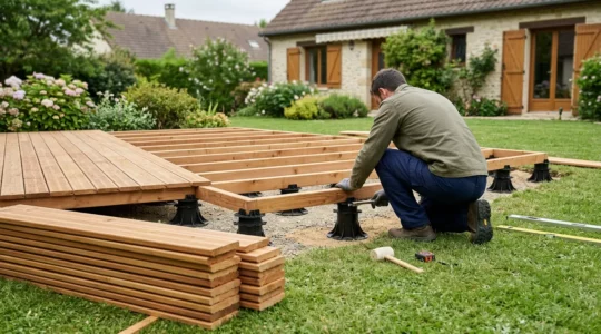 Terrasse en bois sur plots réglables en cours d'installation dans un jardin résidentiel français