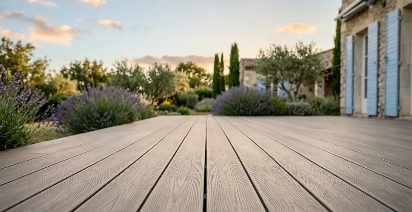 Terrasse composite moderne et élégante avec mobilier de jardin, vue sur espace extérieur français, sans entretien pendant 20 ans