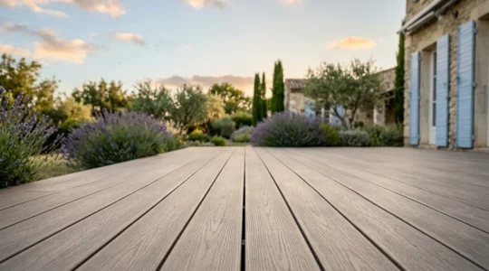 Terrasse composite moderne et élégante avec mobilier de jardin, vue sur espace extérieur français, sans entretien pendant 20 ans