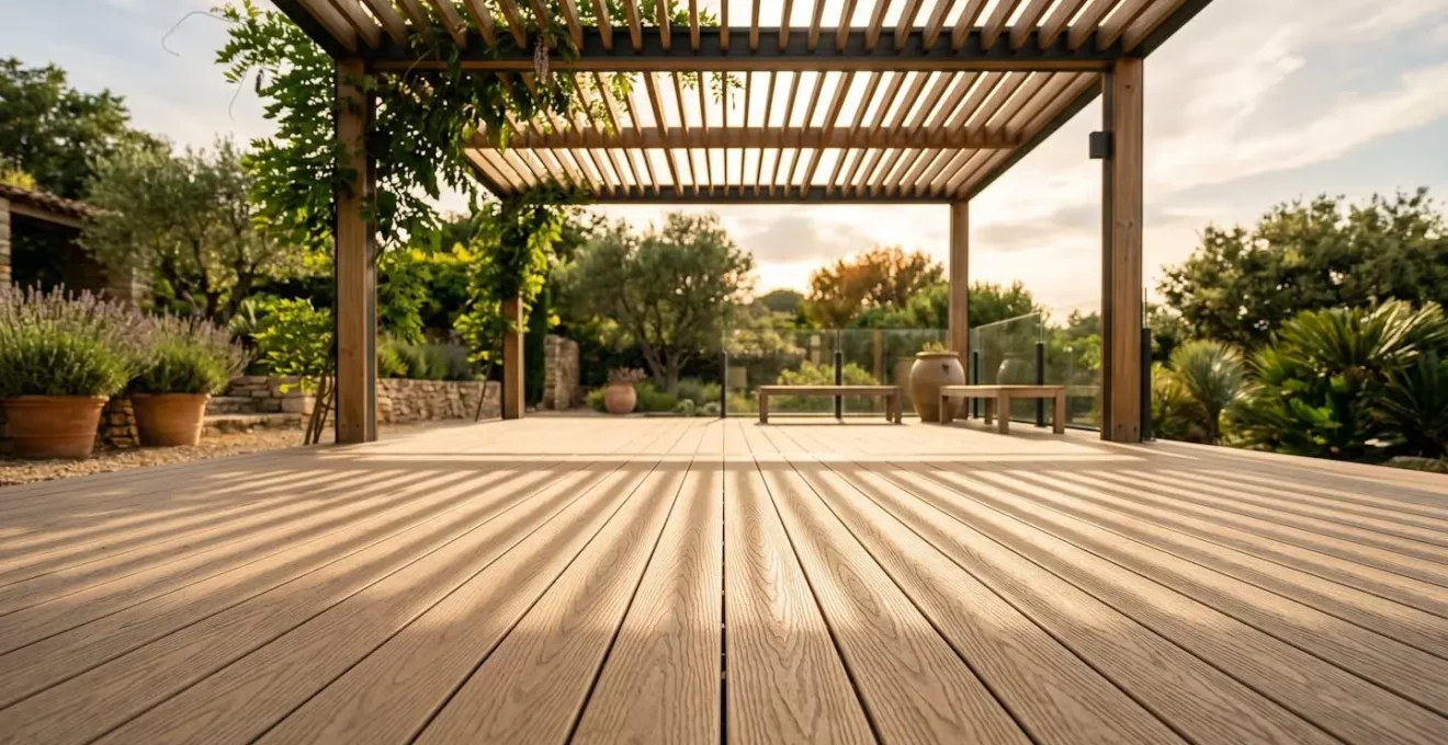 Terrasse composite moderne avec système d'ombrage naturel, intégration végétale et conception bioclimatique pour limiter la chaleur en été