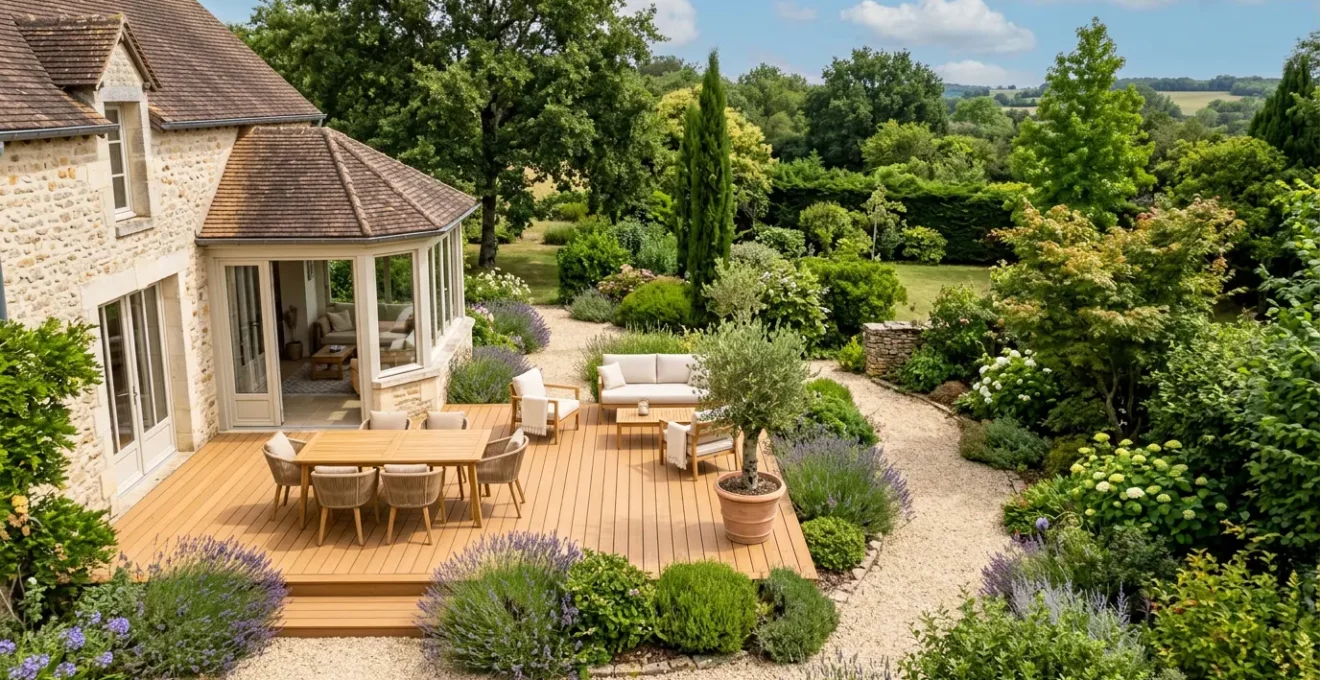 Vue aérienne d'une terrasse aménagée avec salon de jardin et coin repas pour six personnes dans un jardin français