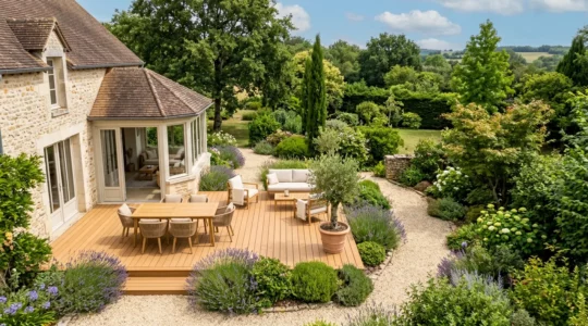 Vue aérienne d'une terrasse aménagée avec salon de jardin et coin repas pour six personnes dans un jardin français