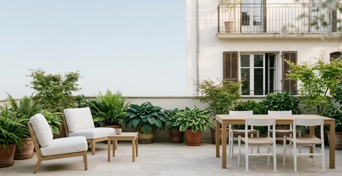 Terrasse orientée nord avec matériaux clairs et ambiance fraîche en été