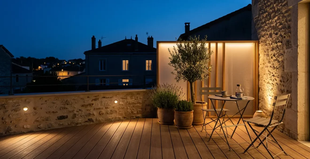 Terrasse française contemporaine éclairée à la nuit tombée avec spots discrets créant une ambiance intime et chaleureuse