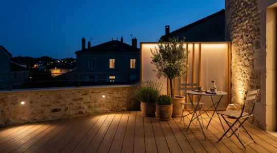 Terrasse française contemporaine éclairée à la nuit tombée avec spots discrets créant une ambiance intime et chaleureuse
