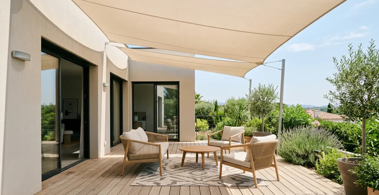 Terrasse contemporaine française protégée par une toile anti-UV sans assombrir l'espace de détente