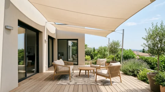 Terrasse contemporaine française protégée par une toile anti-UV sans assombrir l'espace de détente