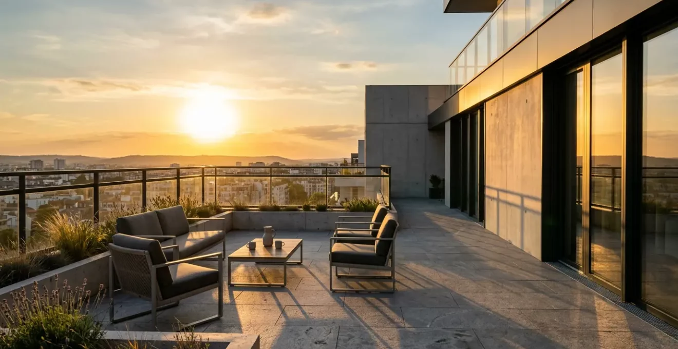 Terrasse contemporaine française exposée ouest en fin d'après-midi avec soleil rasant et protection solaire verticale