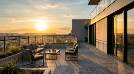 Terrasse contemporaine française exposée ouest en fin d'après-midi avec soleil rasant et protection solaire verticale