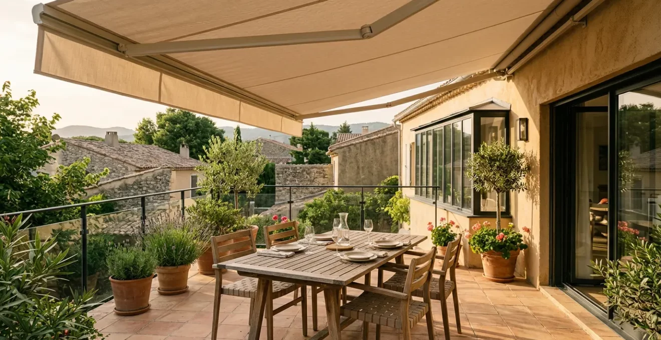 Terrasse aménagée avec store banne créant une zone d'ombre confortable pour vivre à l'extérieur