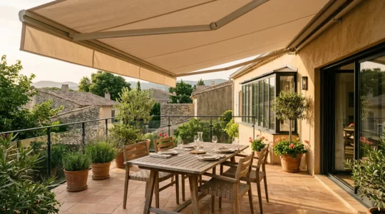 Terrasse aménagée avec store banne créant une zone d'ombre confortable pour vivre à l'extérieur