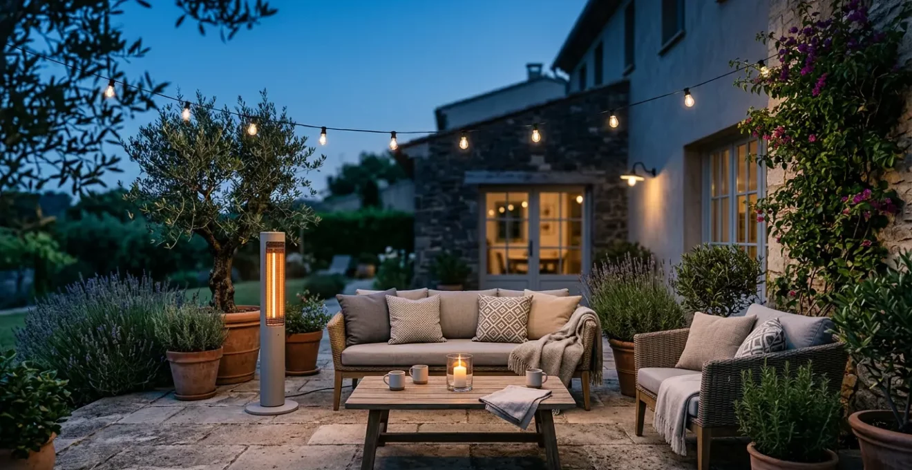 Terrasse aménagée avec éclairage tamisé et système de chauffage pour profiter des soirées fraîches en extérieur