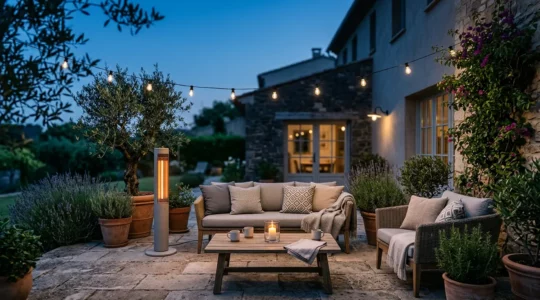 Terrasse aménagée avec éclairage tamisé et système de chauffage pour profiter des soirées fraîches en extérieur